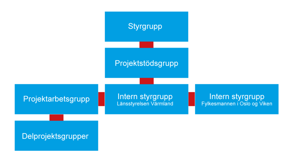 Bilden visar projektets organisation. En detaljerad beskrivning återfinns i texten under bilden.